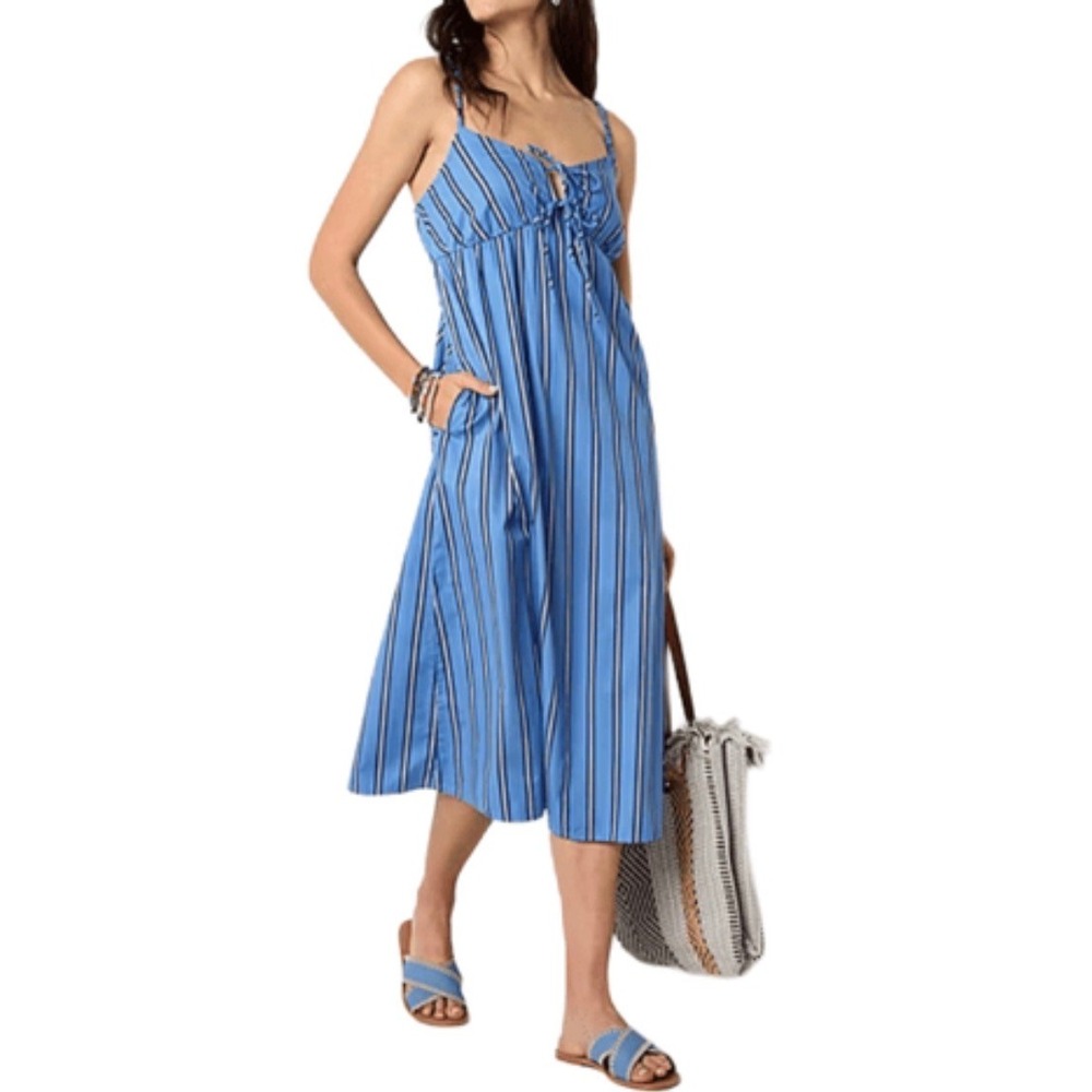 ANA A New Approach Striped Midi Dress Blue White Tie Front Pockets Large NEW